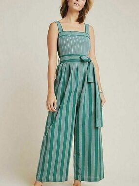 Payal Pratap Striped Green Linen Wide-Leg Jumpsuit with Tie Waist